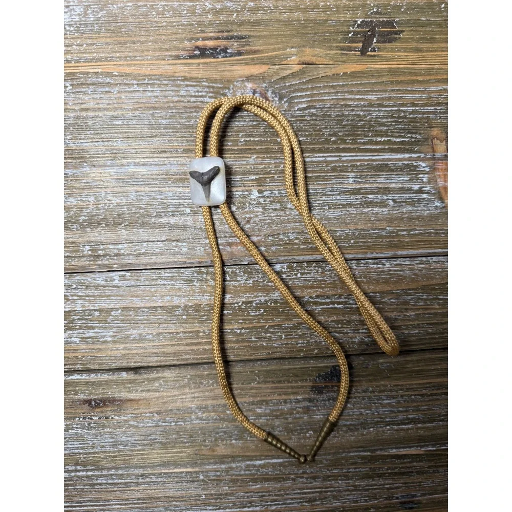 Vintage Shark Tooth Bolo Tie Gold Braided Cord Western Coastal Boho Accessory